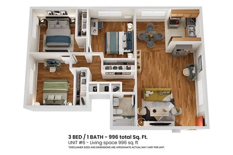 A floor plan of a 3 bedroom, 1 bathroom apartment with a living space of 996 square feet.